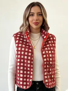 A women's red and white plaid lamb fleece fitted sleeveless vest, its cute and casual style is suitable for Everyday relaxed occasions such as daily outings, coffee shop dates, and light outdoor strolls in autumn and winter.