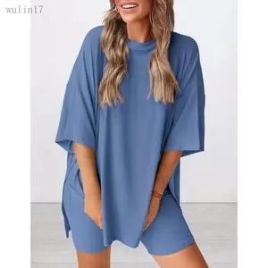 Women's 2-Piece 2026 Summer Spring Polyester Fabric Loungewear Set - Loose Baggy Short-Sleeve Basic Solid Comfortable Korean-Japanese Army Style Top, Biker Pants, for Travel, Home