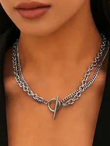 Layered Silver Color Chain Necklace, Double Stacked Toggle Clasp Design, Elegant Dainty Layering Jewelry for Women, Perfect for Daily Wear