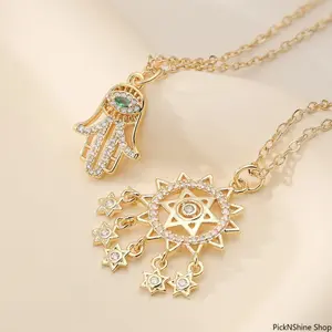 Women's 18 Karat Gold-Plated Copper Palm Dream Catcher Zircon Pendant Gold Necklace - Minimalist Stylish Clavicle Chain, Versatile Daily Wear Cross-Border Fashion Accessory, Gold Necklace Women