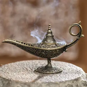1 magic lamp alloy incense burner Bakhoor burner living room decoration Yoga meditation Buddhist home decoration incense burner Tea ceremony desktop decoration Ramadan Eid al-Fitr Valentine's Day holiday gift, Antique Brass