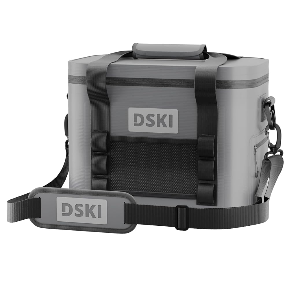 New outdoor cooler bag, lunch bag - grey/green, with insulation and refrigeration protection,large capacity of 30 cans/15 bottles, thick handle and adjustable shoulder strap,for party, camping, fishing, long-distance truck driver commuting, takeout etc.