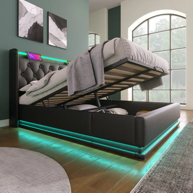 Full Size LED Bed with Storage, PU Leather Upholstered Platform Bed with 360 surround LED function, Buttons/Apps/Remote Control, hydraulic storage bed with USB Type-C charging, Black (Without mattress)
