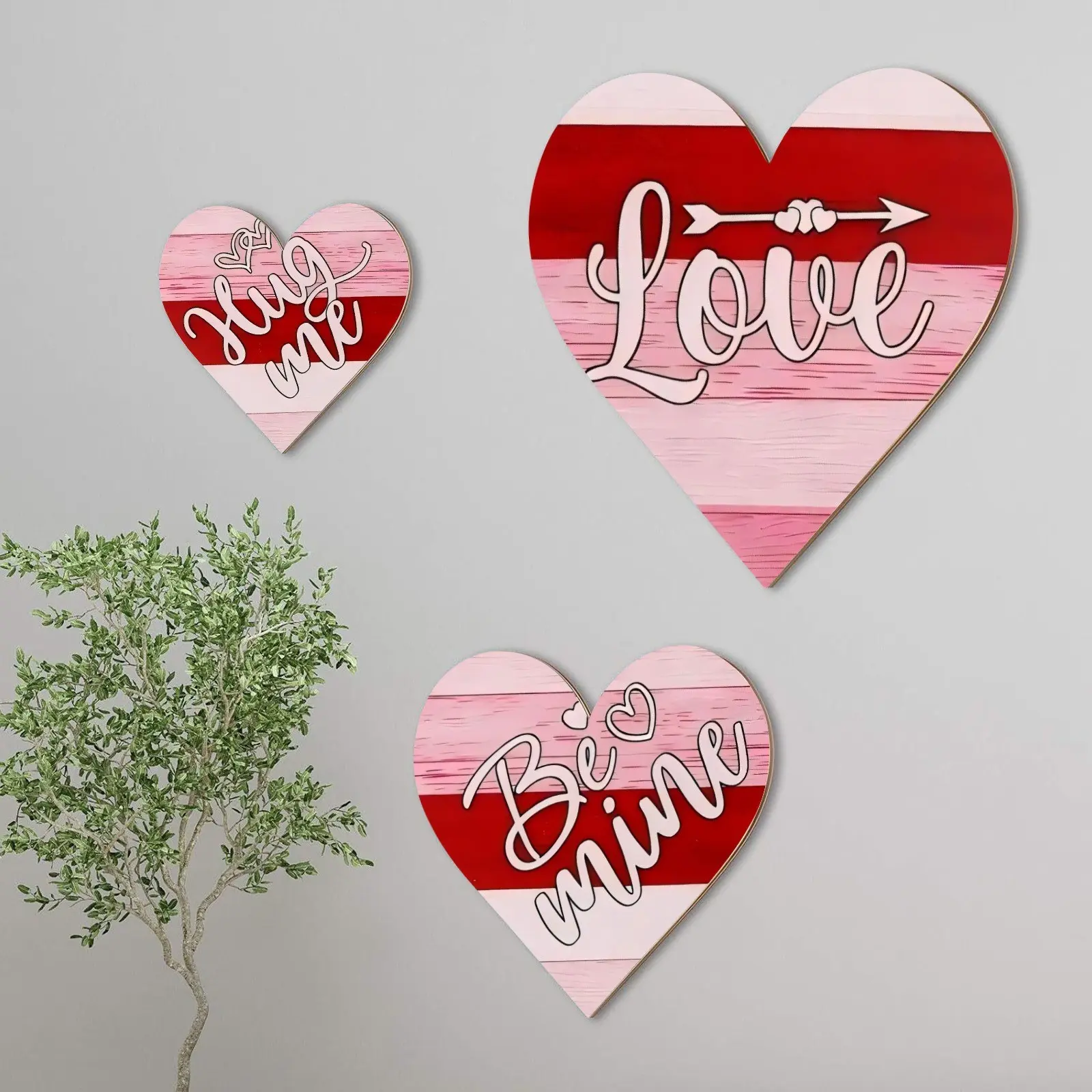3-Piece Wooden Heart-Shaped Decorations, Love & Embrace Theme, Multi-Use Valentine's Day Ornaments for Living Room Bedroom Wedding Anniversary Party