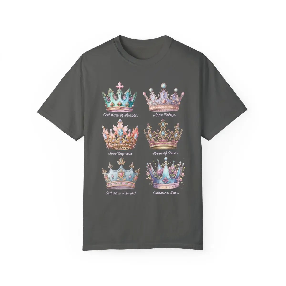 Cute Tudor History Tee Shirt with Watercolor Crowns: Henry the 8th's Wives, Colorful Fairycore Aesthetic Tee, British History Professor, Catherine of Aragon, Anne Boleyn Cotton Fabric