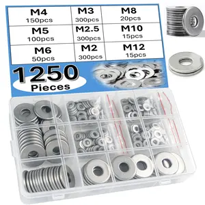 1250pcs 304 Durable Stainless Steel Flat Washers Assortment Kit (M2, M2.5, M3, M4, M5, M6, M8, M10 and M12), Suitable for Home Decoration, Factory Repair, Kitchen Installations, Shops and Outdoor Construction Hardware