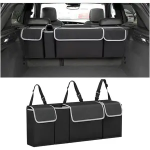 Car Trunk Organizer, Backseat Hanging Large Storage with Adjustable Straps, Waterproof Collapsible Cargo Bag with 4 Pockets, Sturdy Space Saver Frees Trunk Floor for SUV, Truck, MPV