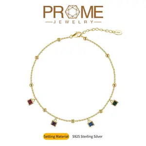 (SA012)S925 Sterling Silver Rainbow Square-Cut Zircon Anklet Adjustable Length Sparkling 5A Cubic Zirconia Elegant & Fashionable Design Perfect Gift for Women Daily Wear