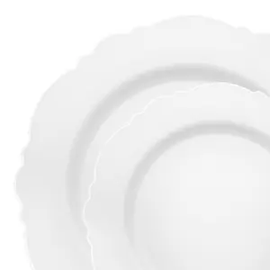 White with Silver Rim Round Blossom Disposable Plastic Dinnerware Value Set