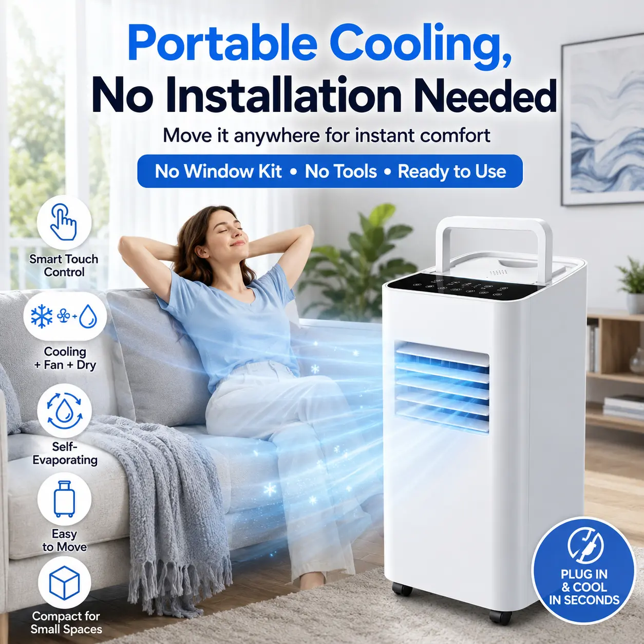 12000 BTU Portable AC Unit with Wheels, Easy Move Air Conditioner No Window Kit Required, 3 Modes Cooling Fan Dry, Smart Touch Panel, Quiet Sleep Cooling for Home Bedroom