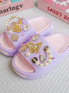 New Cartoon Pearl Gold Butterfly Fashion Versatile Sandals, Colorblock Flat Heel Shoes, Unisex Kids' Slippers 831