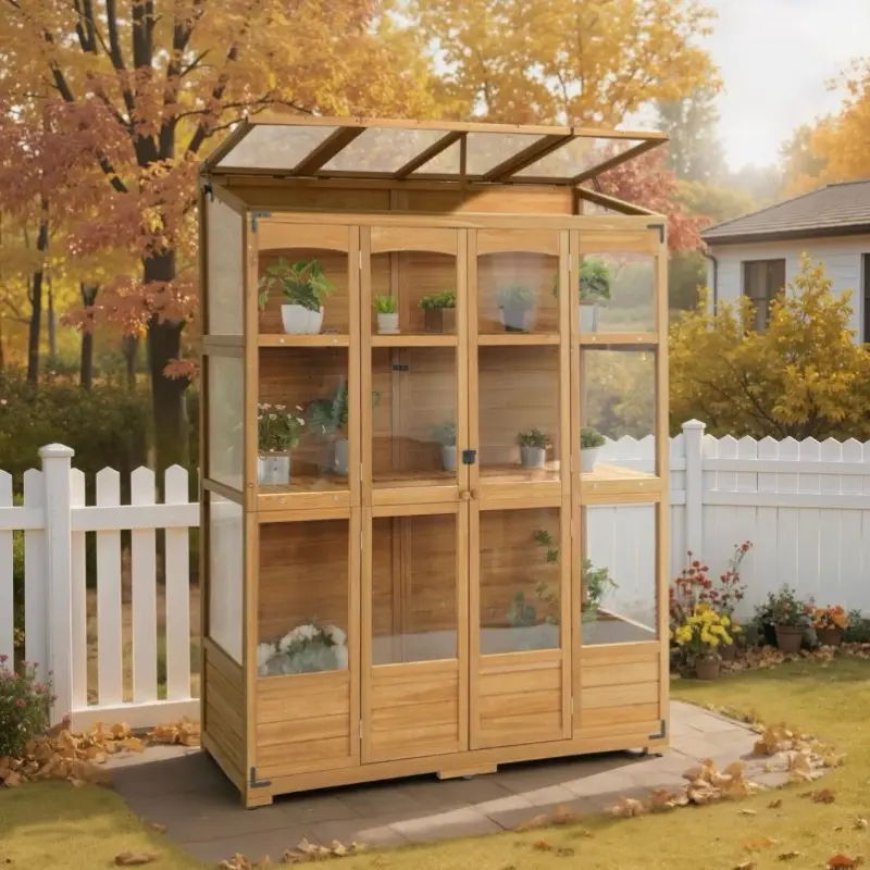 57.9" W x 28.5" D Wooden Greenhouse with Openable Roof and Lockable Door