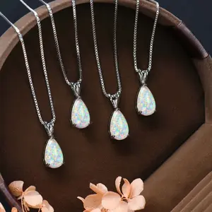 Natural White Fire Opal Crystal Pendant Minimalist Droplet Healing Energy Women Dainty Silver Chain Necklace Women's Fashion