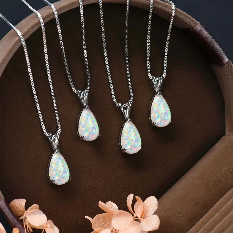 Natural White Fire Opal Crystal Pendant Minimalist Droplet Healing Energy Women Dainty Silver Chain Necklace Women's Fashion