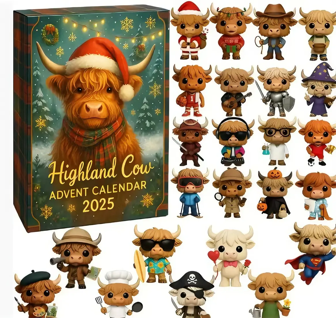 Highland Cow Advent Calendar 2025 - Festive Holiday Countdown with 24 Unique Cow Figures - Perfect for Christmas Gifts and Collectors