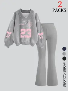 Women's Deep V Neck Warm Sweatshirt & Slimming Flare Pants Set, Fashion Butterfly Knot Design, Comfortable Casual for Fall Winter