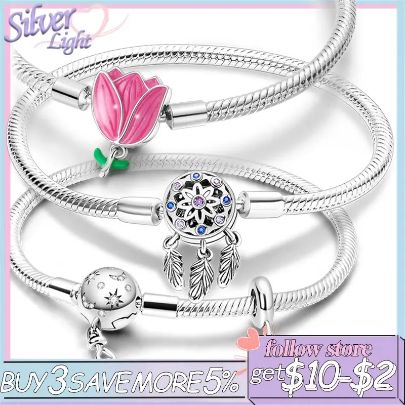 Women's 925 Real Silver Bracelet & Bangle - Elegant Jewelry Charm Bracelet, Original Snakebone Design with Dream Catcher, Feather & CZ Zircon, High-Quality Wedding Gift, Elegant Jewelry Bracelet