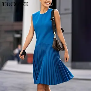 UOOZEE Women New Summer Asymmetric Pleated Loose Sleeveless Round-Neck Midi Dresses, Sleeveless Small Bust Casual 1 Pieces Woman Midi Dress(we Recommend Sizing Up 1 Size for C Cup and Above)