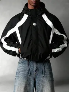 Men’s color-block patchwork hooded jacket, zip-up cardigan jacket, drop-shoulder hoodie with adjustable hem—ideal for shopping and leisure, perfect for everyday wear.