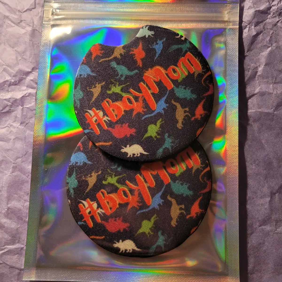 Boy Mom Dinosaur Pattern Themed Set of 2 Car coasters Neoprene Handmade 2.75" Car Accessories Washable