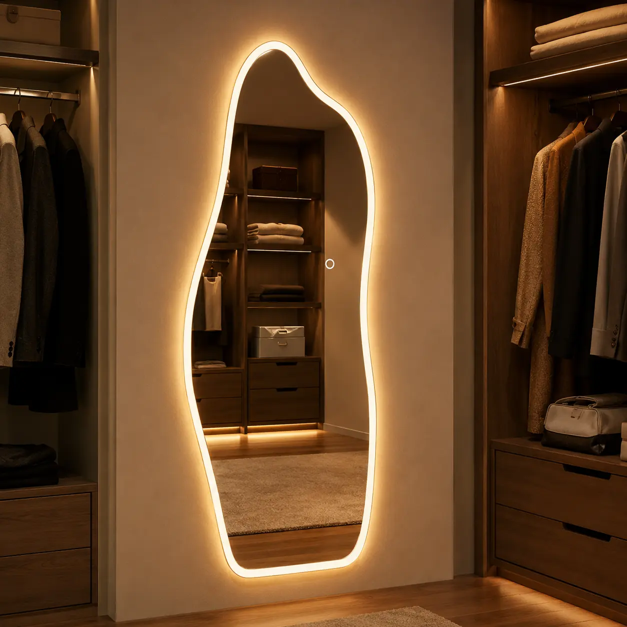 65" x 25" Irregular Teardrop LED Full Length Wall Mirror, Organic Tempered Glass Dressing Mirror with 3 Color Lighting, Dimmable Touch Control for Bedroom Closet Entryway