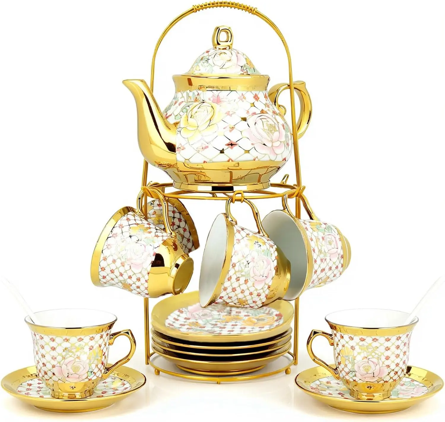 20-Piece Sturdy Traditional European Ceramic Tea Pot Set - Gold Porcelain Tea Pot with Metal Holder, Vintage Floral Cups-Saucers with Stand, Ideal for Home Gifting