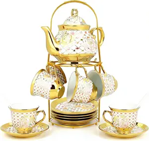 European Ceramic Tea Party Set for Adults, 20Pcs Porcelain Tea Set with Metal Holder, Flower Tea Cup and Saucer with Stand, Vintage Floral Tea Cup and Saucer for Gift, Home, Party, Wedding (Gold)
