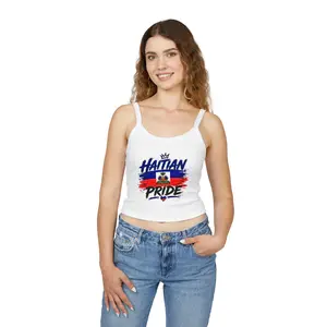 Haitian Pride Tank Top | Haiti Flag Brushstroke Cropped Spaghetti Strap