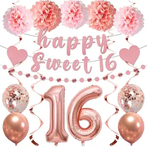 Sweet 16th Birthday Decorations for Girls, 18pcs Pre-strung Happy Sweet 16 Banner Rose Gold 16 Foil Balloons Latex Balloons Paper Pompoms Hanging Swirls Sweet 16th Birthday Party Supplies