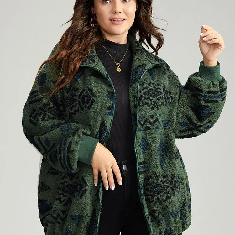 BLOOMCHIC Women's Plus Size Green Geometric Graphic Drop Shoulder Long Sleeve Zipper Jacket - Casual Winter Fitted Polyester Blend Outerwear, Sizes 10/M-30/6X, Care: Low Iron, Do Not Tumble Dry, Machine Washable, SohoChic