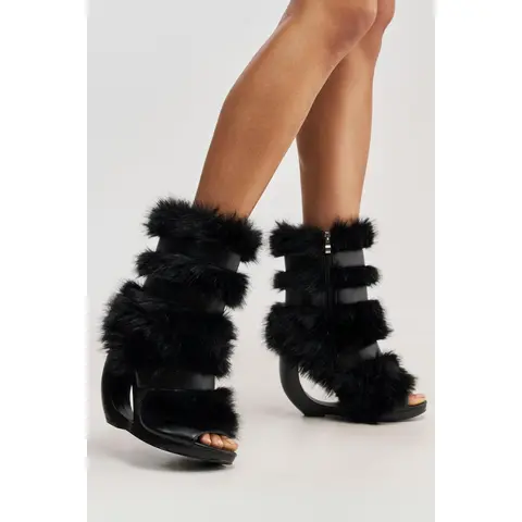 AZALEA WANG ELIANA BLACK FUR OPEN TOE WEDGE BOOTIE