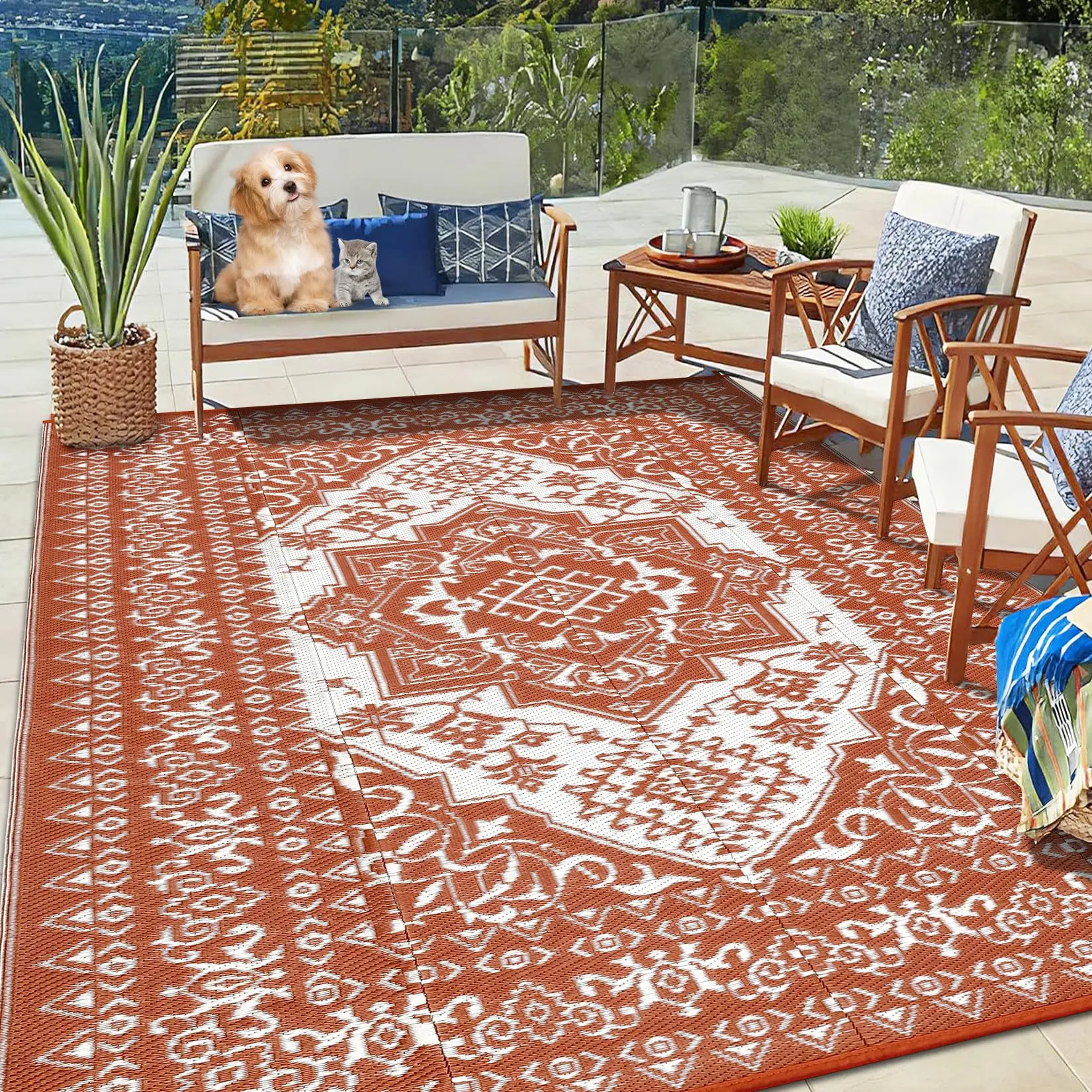 GARVEE Outdoor Patio Rug 8x10 Waterproof Reversible Plastic Straw Mat, Large Vintage Medallion Boho Area Rug Indoor Outdoor Rugs for Deck, Balcony, Pool, Camping, Beach, Picnic, Porch, RV
