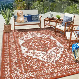 GARVEE Outdoor Patio Rug 8x10 Waterproof Reversible Plastic Straw Mat, Large Vintage Medallion Boho Area Rug Indoor Outdoor Rugs for Deck, Balcony, Pool, Camping, Beach, Picnic, Porch, RV