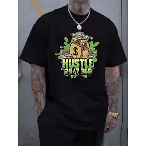 HUSTLE Print T-shirt For Men, Casual Short Sleeve T-shirt For Summer