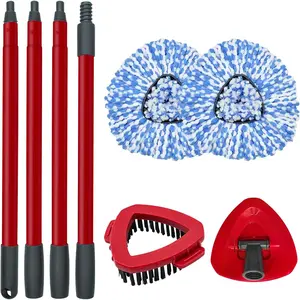 Spin Mop Replace Head, Base, Scrubber, Mop Handle for OCedar RinseClean 2-Tank System, Include 2 Microfiber Mop Refills, 1 Mop Handle, 1 Base and 1 Scrub Brush for Dry Wet Use Floor Deep Cleaning