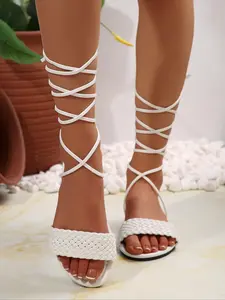 Women's Fashionable Plain Color Lace Up Sandals, Casual Versatile Flat Sandals for Beach Vacation, All-match Commuter Shoes for Work & Daily Wear, Summer