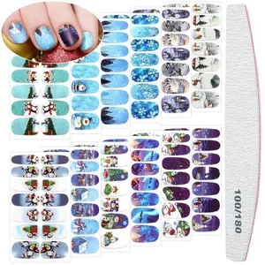 168 Pieces Winter Full Wrap Nail Stickers Snowflakes Snowman Elk Blue Nail Polish Stickers Self-Adhesive Holiday Christmas Winter Art Decal Strips with File for Women DIY Decoration