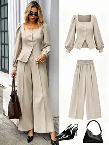 Clean Girl Aesthetic Beige Knit Square Collar Puff Sleeve Waist-Cinched  French Lazy Commute Style Beige Knit Puff Sleeve Waist-Cinched Wide-Leg Fall/Winter Two-Piece Set Light Sporty Chic Beige Knit Square Collar Puff Sleeve Wide-Leg Two-Piece Set