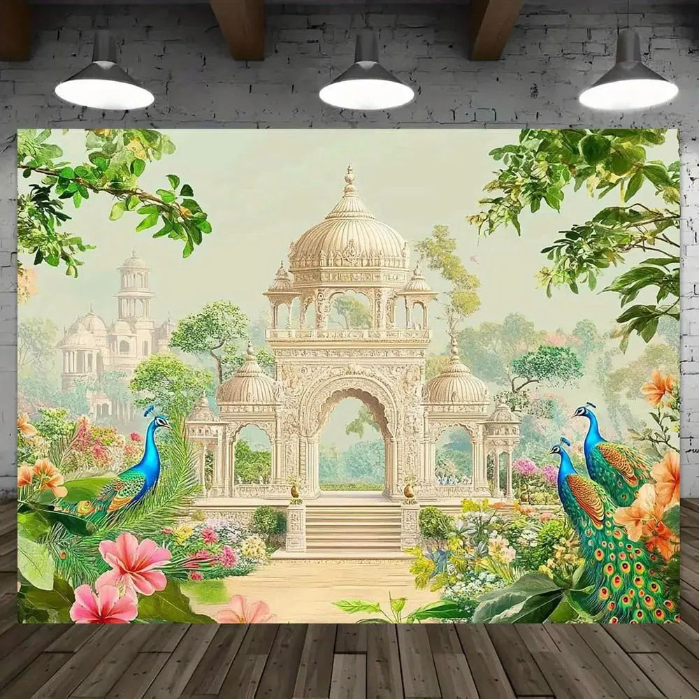 1pc Durable 2D Flat Polyester Wedding Backdrop Banner - Traditional Indian Architecture & Peacock Design, Vibrant Fabric, Glam Photo Prop for Wedding Ceremonies (No Electricity Needed), Ceremony