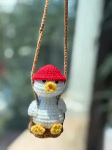 Loppy Puff - Cute Duck With Backpack Car Mirror Hanging Accessories, Crochet Goose Ornaments, New Car Gift Idea, Gift For Her, Car Decorations, Car Charm