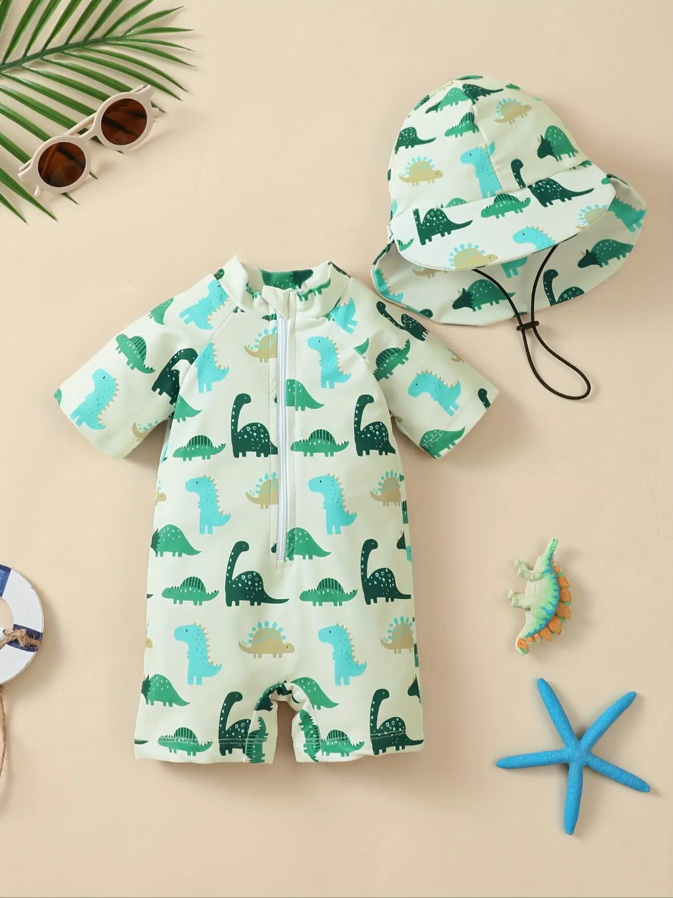 Boys Dinosaur Printed One-Piece Swimsuit with Cap, Toddler Swimsuit, Comfortable Kids Swimwear for Beach and Pool Days, Perfect for Summer Adventures, Toddler Bathing Suit