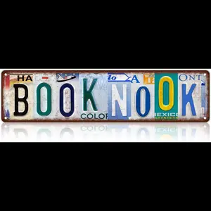 Vintage Book Corner Wall Decor Street Sign, Metal Tin Shelf Label 16x4 Inches, Gift for Book Lovers, Readers, Bookworms, Home Office