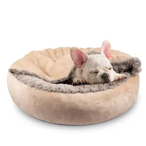 26 Inch Round Plush Dog Bed for Small-Medium Dogs, Calming Donut Cuddler with Attached Blanket, Anti-Anxiety Cave Style Bed – Non-Skid Base, Machine Washable