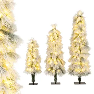 COSTWAY - Artificial Christmas Tree Set of 3 with Snow-flocked Branch Tips and LED Lights
