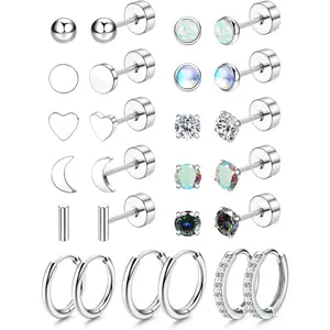 MILACOLATO 13 Pairs Flat Back Earrings Surgical Steel Hypoallergenic Earrings Stud Hoop Earrings for Women Men 20G Cartilage Sleeper Earrings Moonstone Opal CZ Earring Sets for Multiple Piercings