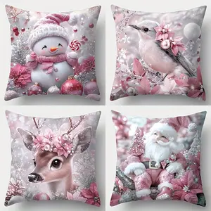 4pcs Festive Christmas Pillowcase Set - Snowman, Santa Claus, Deer & Mockingbird Designs in Pink & White,  Square Covers for Holiday Home Decor, Creative Decorative Cushion, Single-sided printing, no pillow core