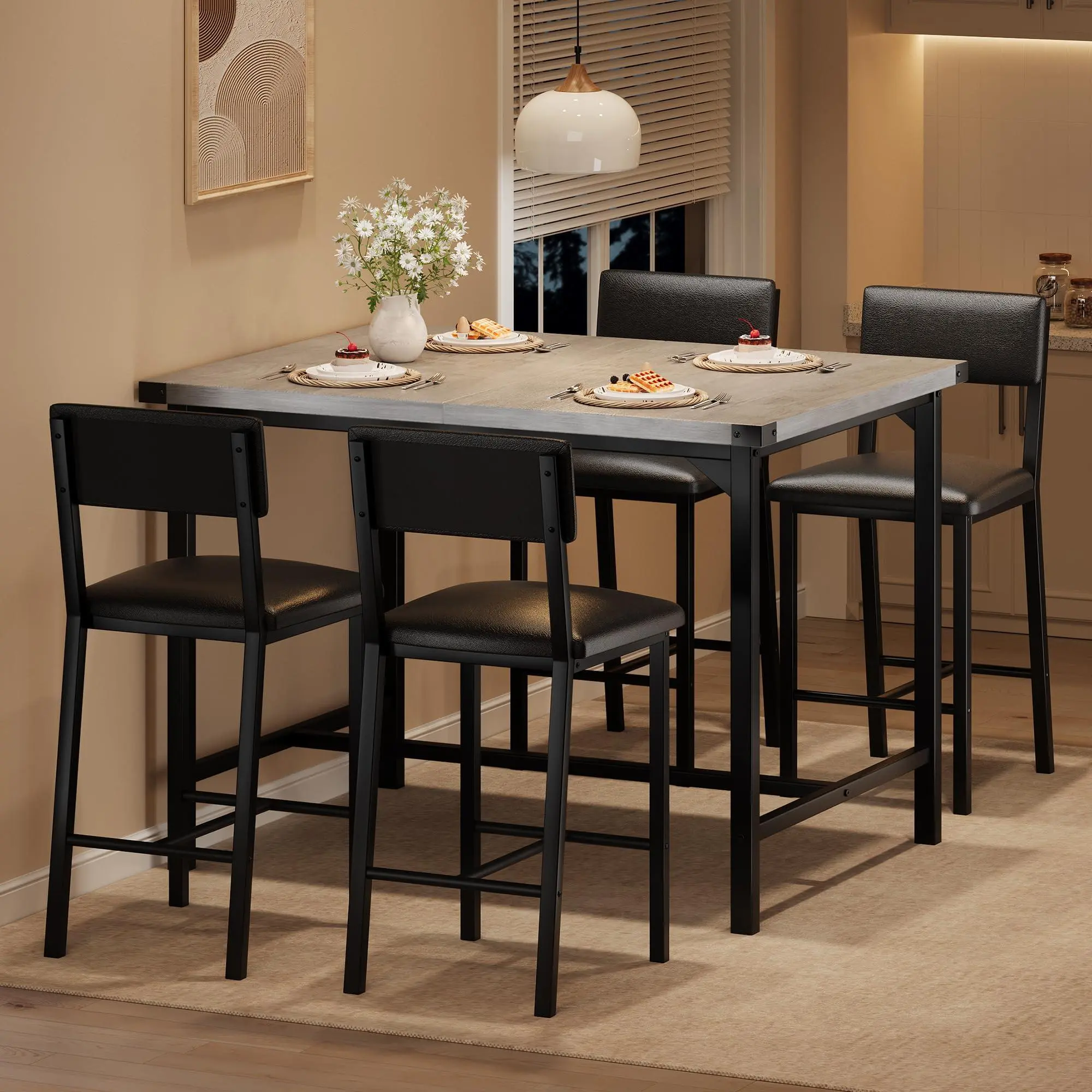 Garvee Dining Table Set for 4 w/Footrest & Corner Protector, 5-Piece Kitchen Table Set with Counter Height Table & 4 Upholstered Bar Stools, for Kitchen Room, Apartment, Pub, Retro Gray