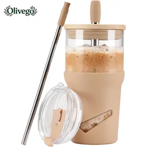Olivego - Eco-friendly 20oz Glass Tumbler with bamboo lid, 2-in-1 straw & anti-slip silicone sleeve. Perfect for iced coffee, smoothies & more! Durable, stylish & great for on-the-go hydration! #2