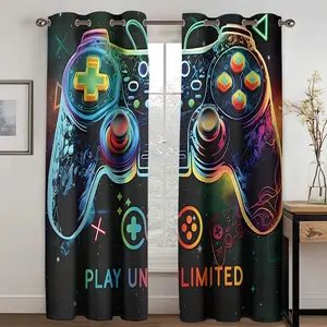 2pcs Neon Game Controller Curtains Rod Pocket, Home Decoration Curtain, Edgy Drapes for Gamer Room Decor, Tech-Style Enthusiasts, Bedroom Game Room Use