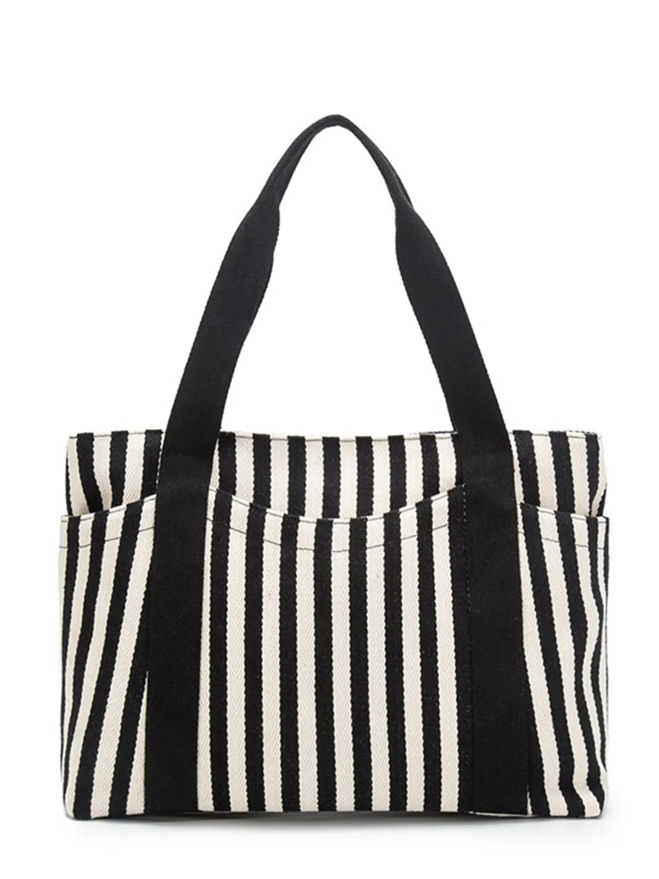 Classic black and white vertical stripe tote bag, multi pocket design, fashionable and versatile, simple and casual large capacity shoulder bag, wide shoulder strap decoration, suitable for daily commuting and outdoor travel